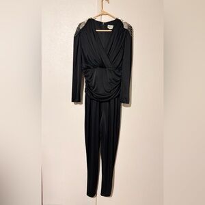 Vintage Chic Abby Kent Black Draped Jumpsuit with Beaded Embellished Shoulders